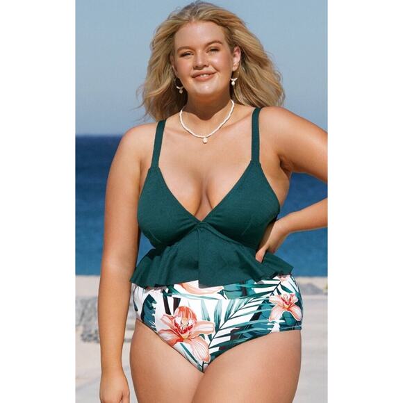 CUPSHE Teal Roses Women’s Size 0X Two Piece‎ Swimsuit NWT Beach Summer - Picture 1 of 13